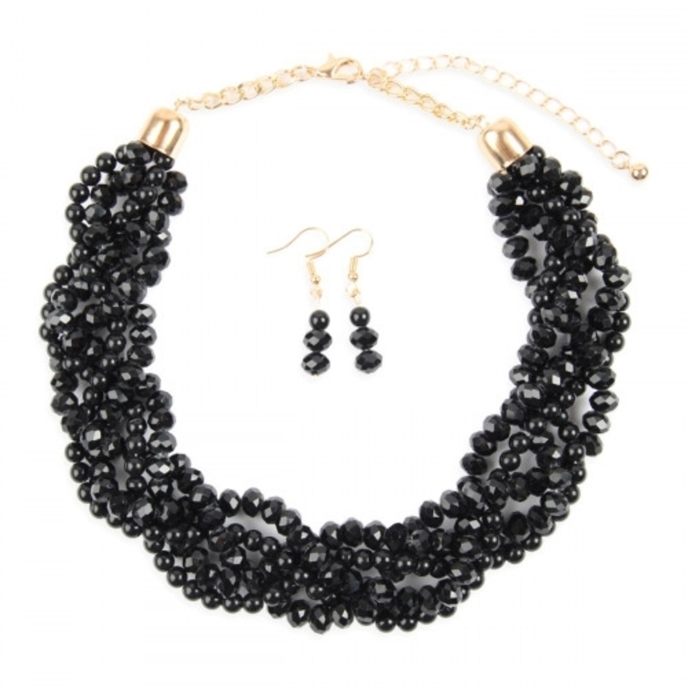 Elegant Black Beaded Necklace and Earring Set